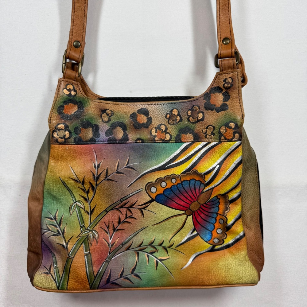 Anuschka Hand Painted Leather Butterfly Bamboo‎ Shoulder Bag Purse